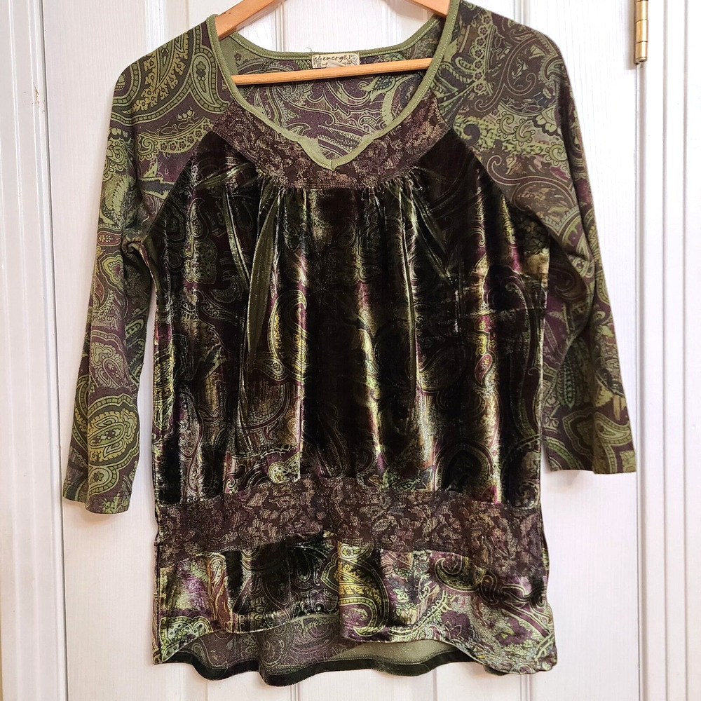 Energe World Wear 3/4 Sleeve Top Mixed Media Velvet Body Green Paisley Size PS